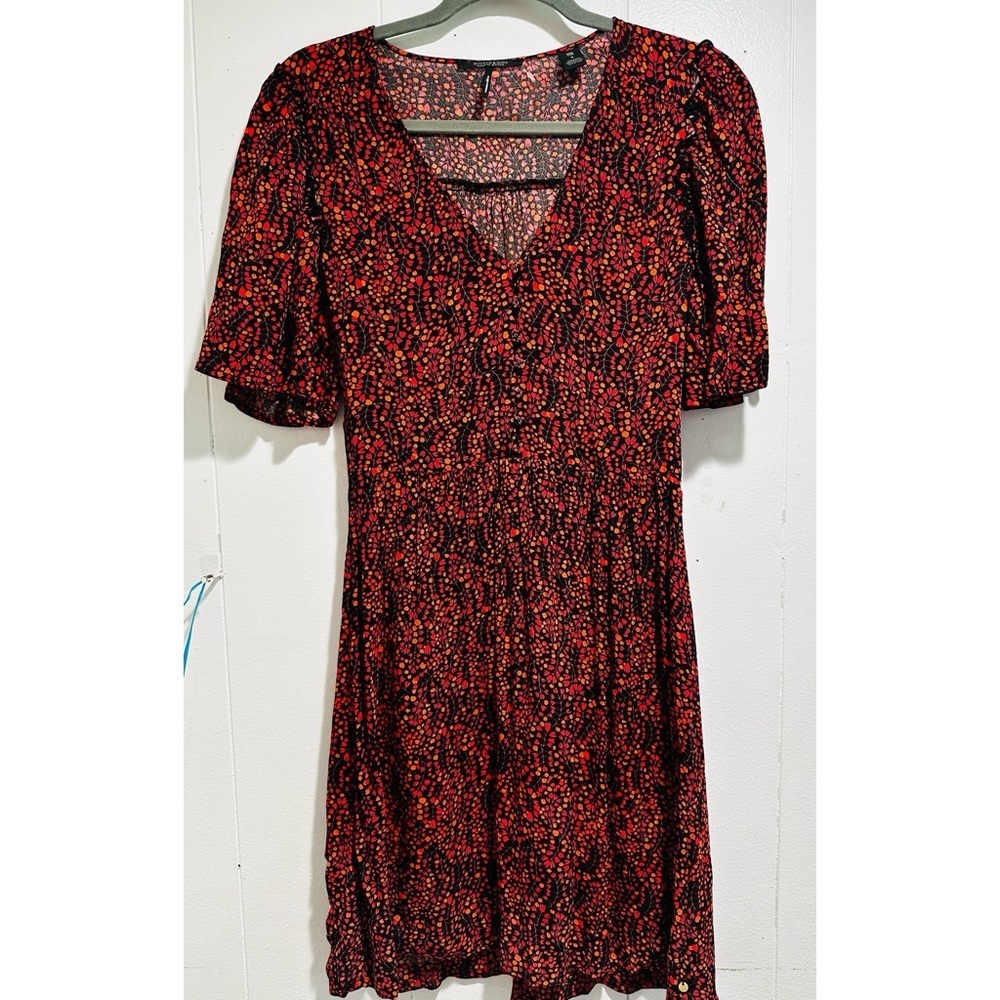 Scotch & Soda Red and Black Puff Sleeve Midi Dress